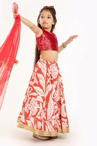 100% Pure Linen Lehenga Set With Sequin Embellised Blouse And Contrast Dupatta  