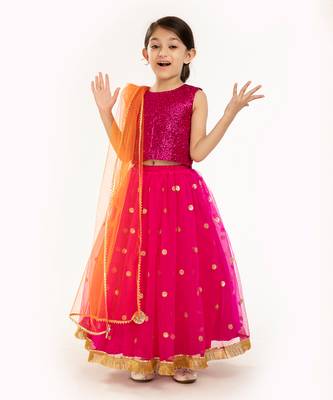 Red Sequin Blouse With Sequin Embroidere Skirt And Contrast Dupatta 1
