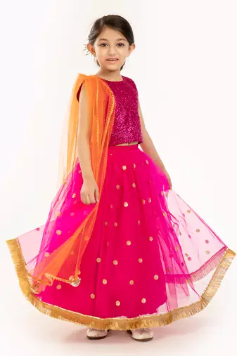 Red Sequin Blouse With Sequin Embroidere Skirt And Contrast Dupatta