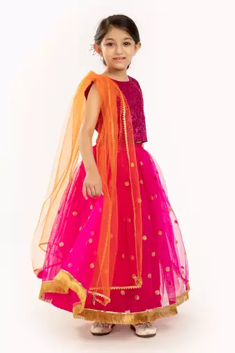Red Sequin Blouse With Sequin Embroidere Skirt And Contrast Dupatta