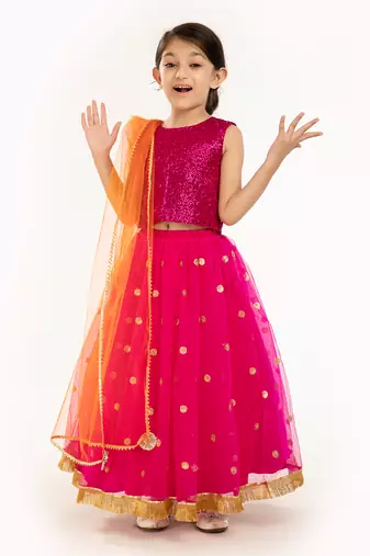Red Sequin Blouse With Sequin Embroidere Skirt And Contrast Dupatta