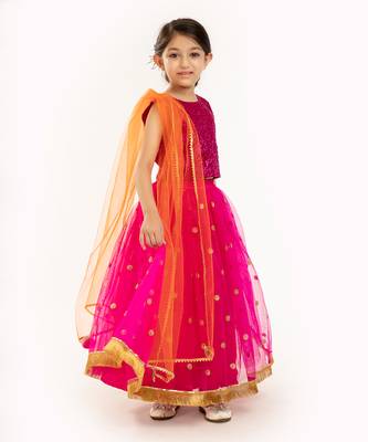 Red Sequin Blouse With Sequin Embroidere Skirt And Contrast Dupatta 8