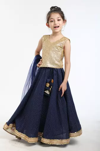 Gold Sequin Blouse And Heavy Embellished Printed Linen Skirt With Tonal Dupatta