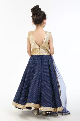 Gold Sequin Blouse And Heavy Embellished Printed Linen Skirt With Tonal Dupatta