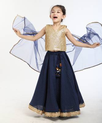 Gold Sequin Blouse And Heavy Embellished Printed Linen Skirt With Tonal Dupatta 4