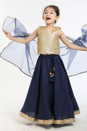 Gold Sequin Blouse And Heavy Embellished Printed Linen Skirt With Tonal Dupatta