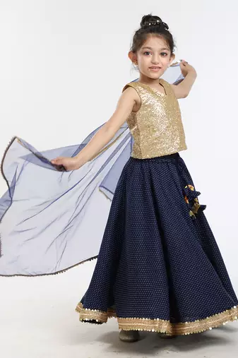 Gold Sequin Blouse And Heavy Embellished Printed Linen Skirt With Tonal Dupatta