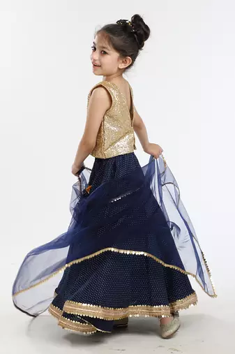 Gold Sequin Blouse And Heavy Embellished Printed Linen Skirt With Tonal Dupatta