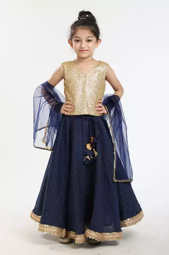 Gold Sequin Blouse And Heavy Embellished Printed Linen Skirt With Tonal Dupatta