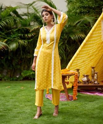 Yellow Bandhani Crochet Lace Kurta 3