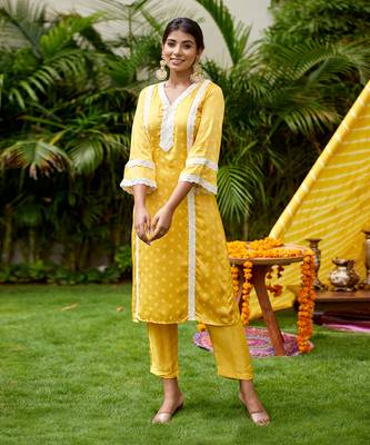 Yellow Bandhani Crochet Lace Kurta 4