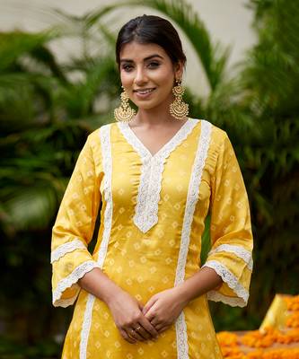 Yellow Bandhani Crochet Lace Kurta 7