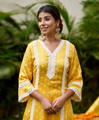 Yellow Bandhani Crochet Lace Kurta 8