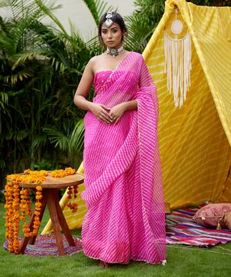 Fuschia Organza Leheriya Saree 1