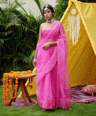 Fuschia Organza Leheriya Saree 3