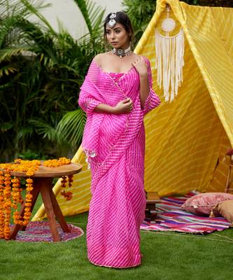 Fuschia Organza Leheriya Saree 5