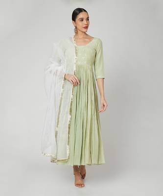 Thread Embroidered Sage Green Anarkali 1