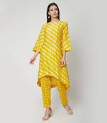  Yellow relaxed hand dyed leheriya kurta with hand dyed bhandhej pants