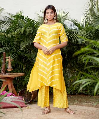 Yellow hilo leheriya long Kurti with bhandhej palazzo 1