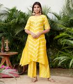 Yellow hilo leheriya long Kurti with bhandhej palazzo