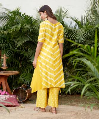 Yellow hilo leheriya long Kurti with bhandhej palazzo 2