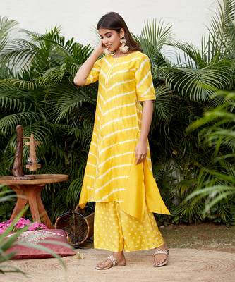 Yellow hilo leheriya long Kurti with bhandhej palazzo 3