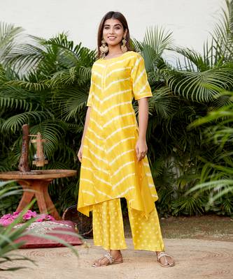 Yellow hilo leheriya long Kurti with bhandhej palazzo 4