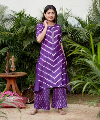Purple Leheriya Kurta Set With Pallazos 2