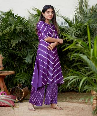 Purple Leheriya Kurta Set With Pallazos 4