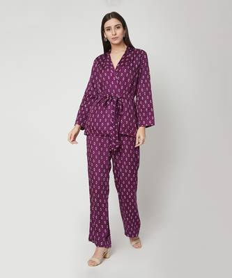  Purple printed robed jacket with pants cinched with a belt 1