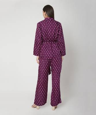  Purple printed robed jacket with pants cinched with a belt 2
