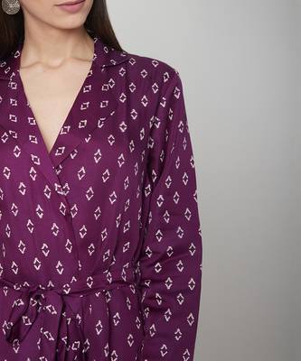  Purple printed robed jacket with pants cinched with a belt 3