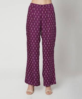  Purple printed robed jacket with pants cinched with a belt 4