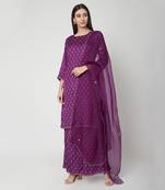  Purple Knee-length straight fit kurta with palazzo and organza dupatta