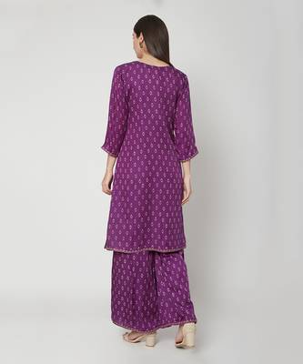  Purple Knee-length straight fit kurta with palazzo and organza dupatta 2