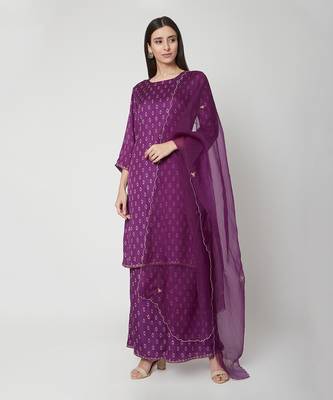  Purple Knee-length straight fit kurta with palazzo and organza dupatta 5