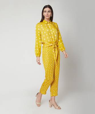 Yellow bhandhej collared shirt with a knot and bhandhej pants 1