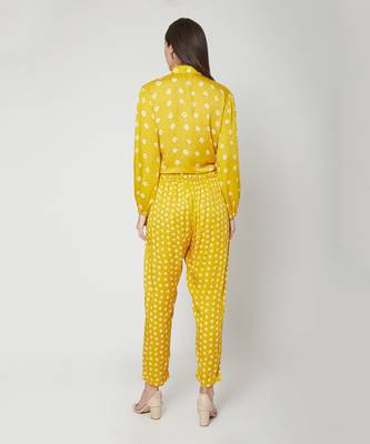 Yellow bhandhej collared shirt with a knot and bhandhej pants 2