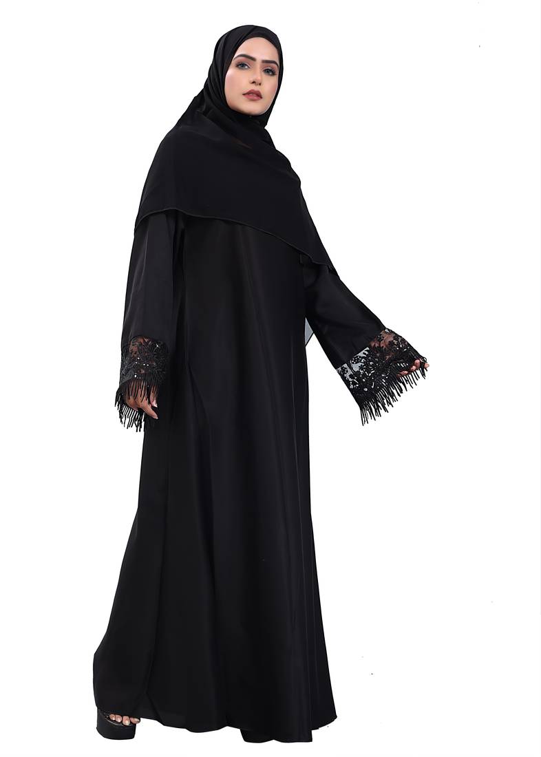 Khadija Fashion Classic Dark Black With Lace Work Sleeves Burqa|Abaya For Women|Girls.(Black)