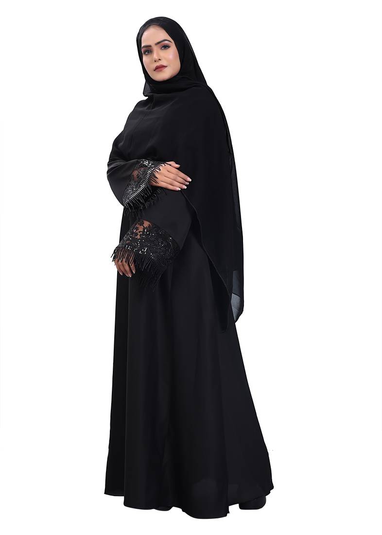 Khadija Fashion Classic Dark Black With Lace Work Sleeves Burqa|Abaya For Women|Girls.(Black)