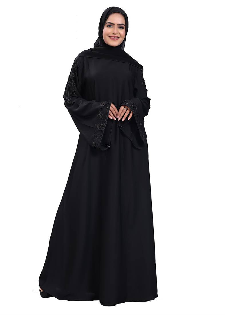 Khadija Fashion, Unique & Handmade Fancy Sleeves With Stone Worked Burkha|Abaya For Girls|Women Color-Black