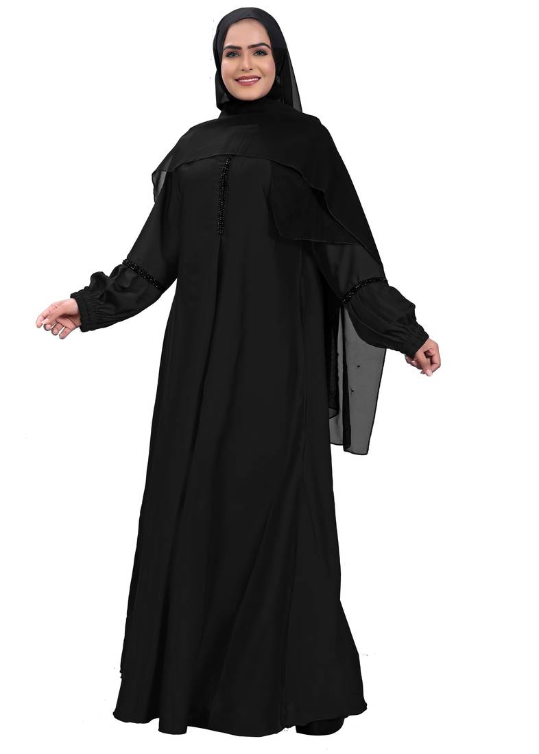 Khadija Fashion, Modesty Elastic Sleeves With Black Pearls Worked On Abaya|Burqa For Girls|Women.