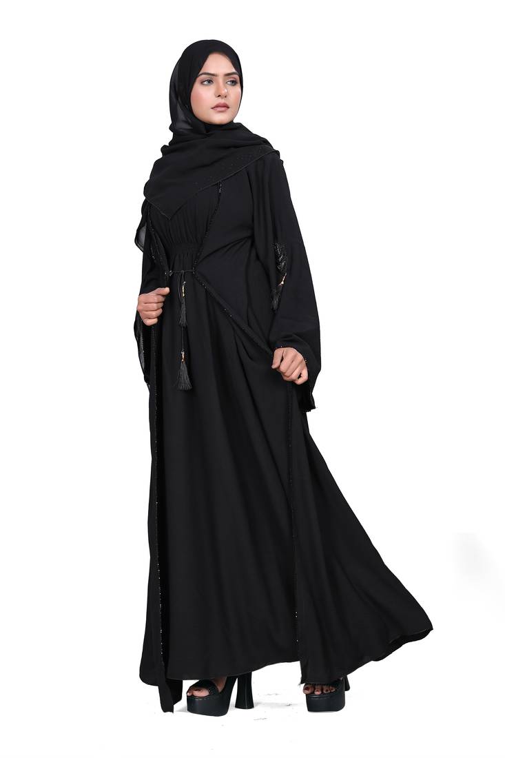 Handmade Front Open Design With String Dubai Abaya|Burqa For Women|Girls Colour - Black Pack Of 1