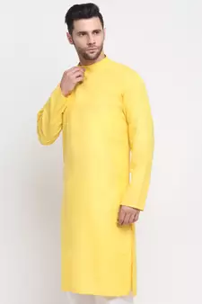 Men Cotton Yellow Solid Kurta Only