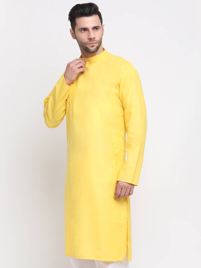 Men Cotton Yellow Solid Kurta Only
