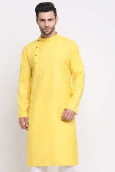 Men Cotton Yellow Solid Kurta Only