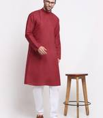 Men Cotton Red Solid Kurta Only