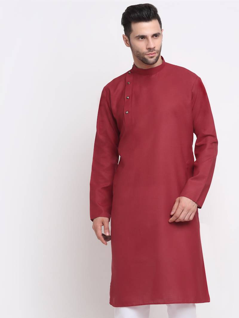 Men Cotton Red Solid Kurta Only