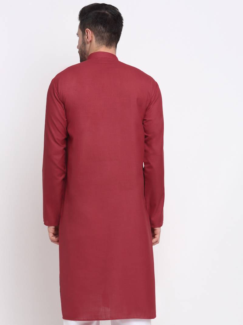 Men Cotton Red Solid Kurta Only