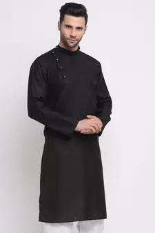 Men Cotton Black  Solid Kurta Only